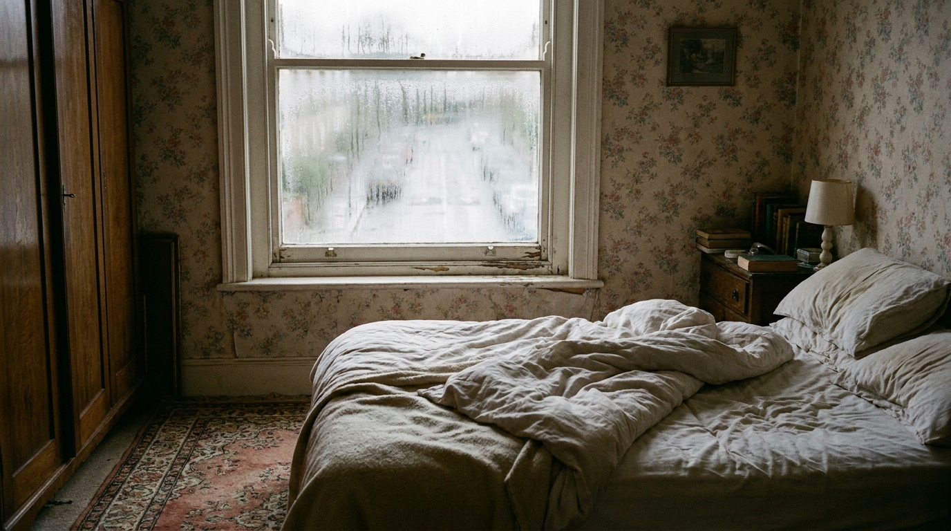 Condensation on a bedroom window causing a damp smell in the morning
