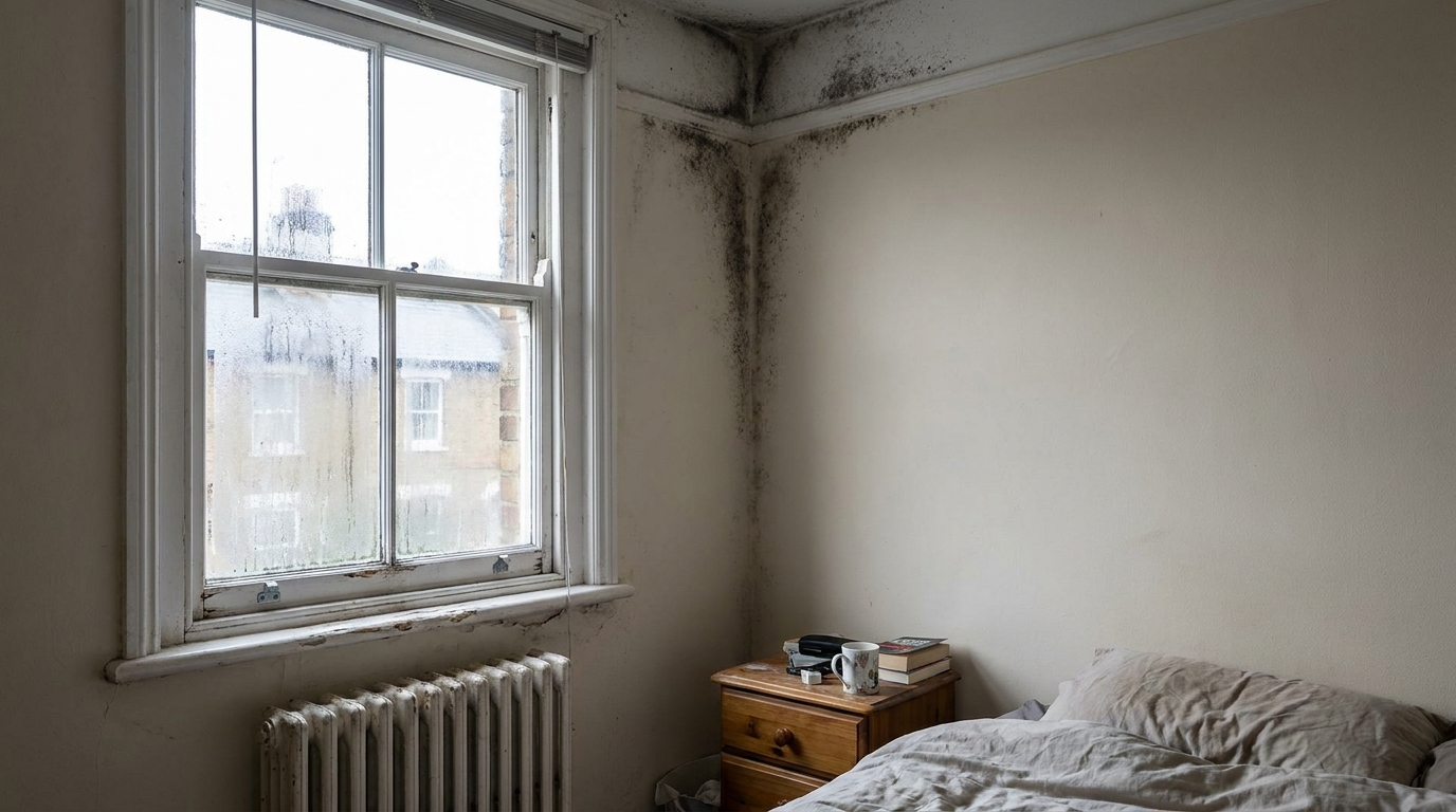 Black mould growing in the corner of a bedroom wall near a window