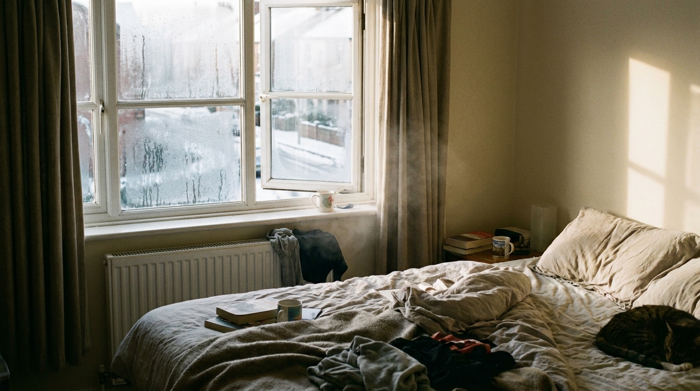 Bedroom window slightly open in the morning to ventilate and reduce condensation