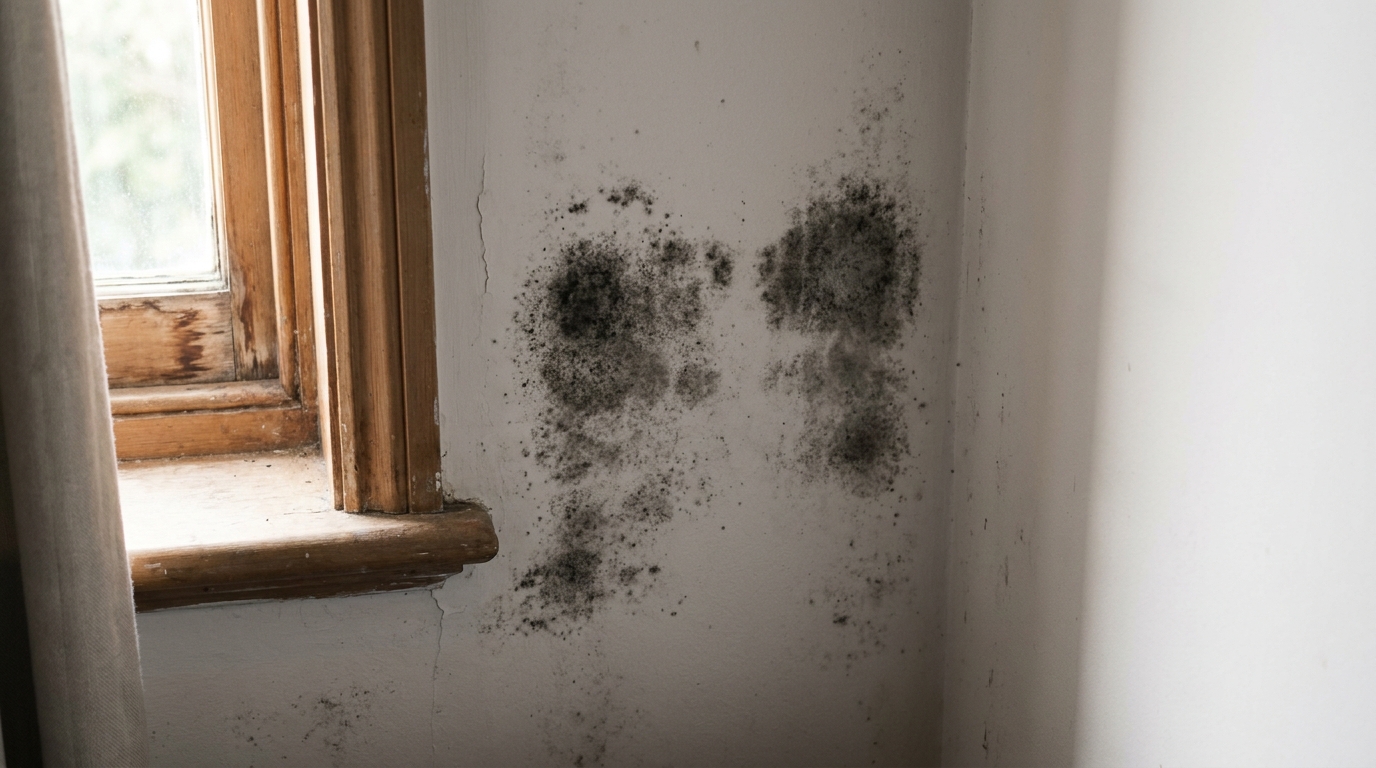 Close-up of black mould spots on a bedroom wall near a window frame