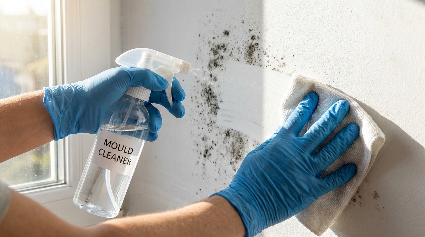 Gloved hands cleaning black mould from a bedroom wall with a spray bottle