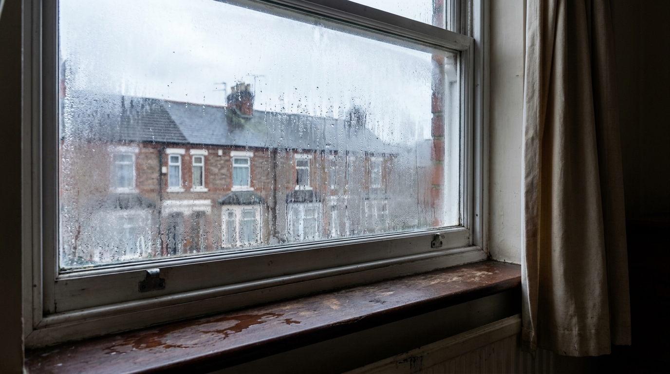 Heavy condensation on a British bedroom window on a cold winter morning