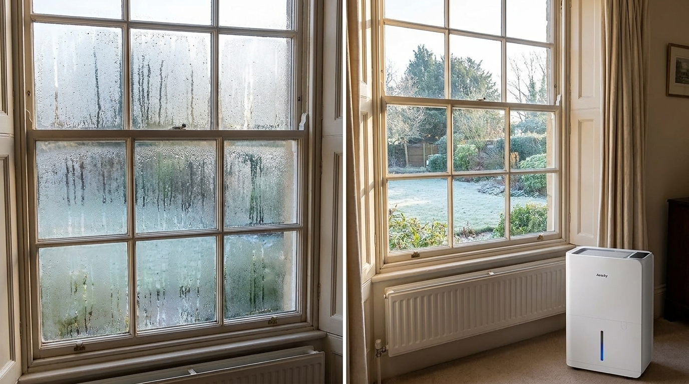 Before and after comparison of a window with heavy condensation versus a clear dry window
