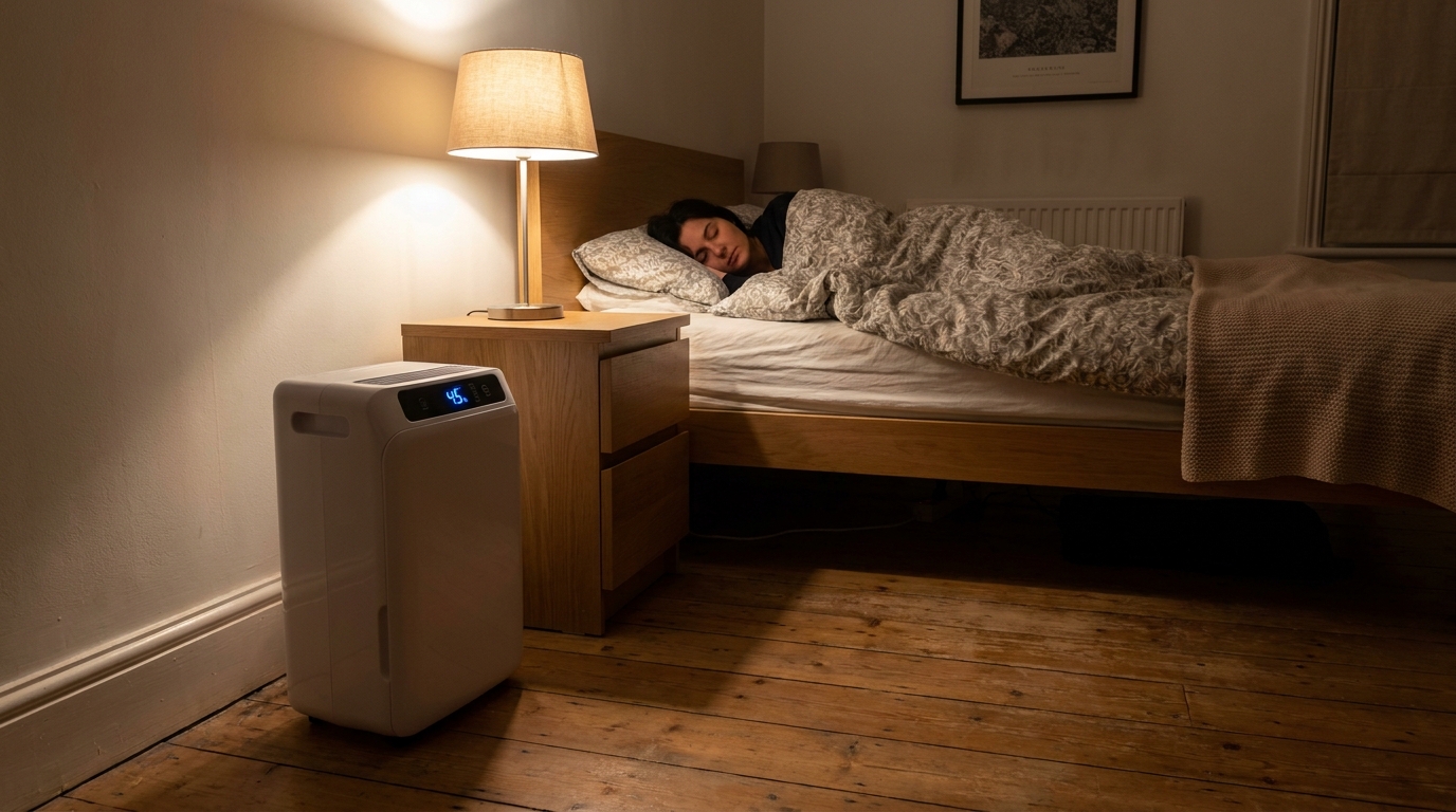 A dehumidifier running quietly in a bedroom corner while someone sleeps