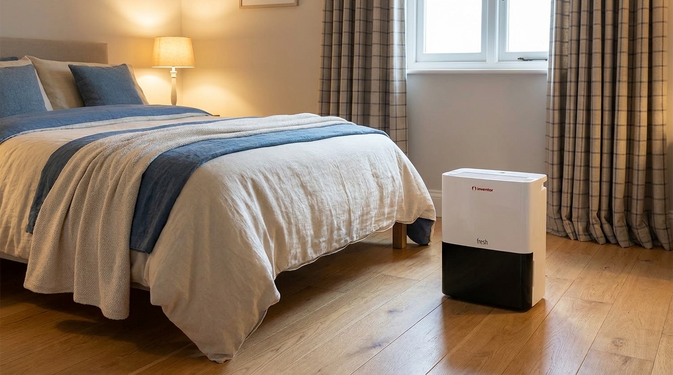 Small dehumidifier running quietly in a bedroom overnight to remove damp smell