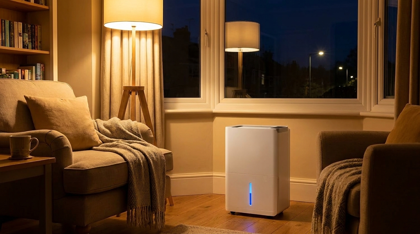 Dehumidifier running overnight with clear dry windows in background