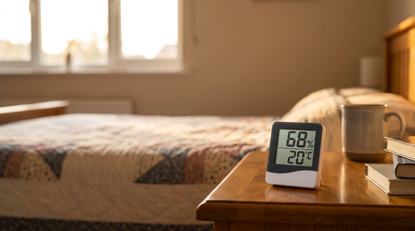 Digital hygrometer on a bedside table showing 68% humidity in a bedroom
