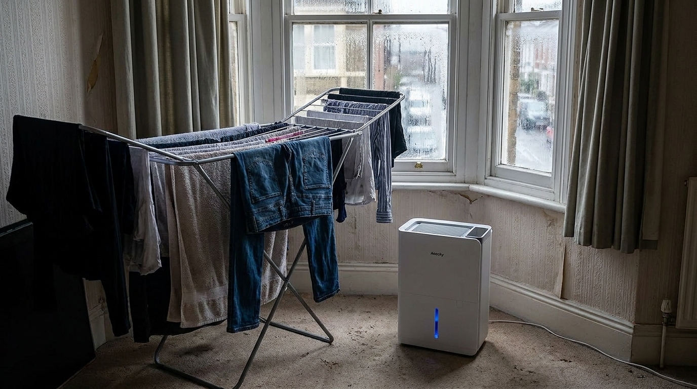 Clothes drying on an indoor airer contributing to condensation on windows