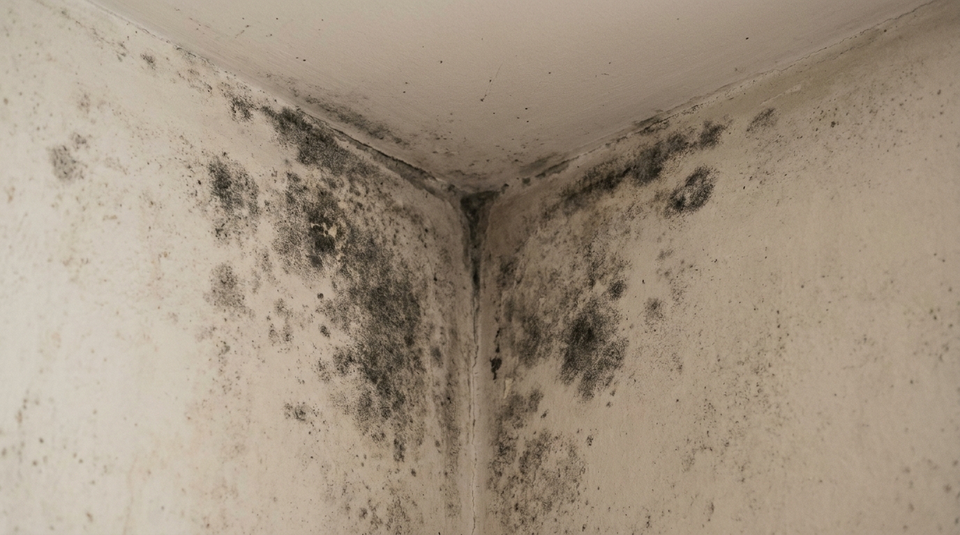 Black mould spots on a bedroom wall corner caused by excess humidity