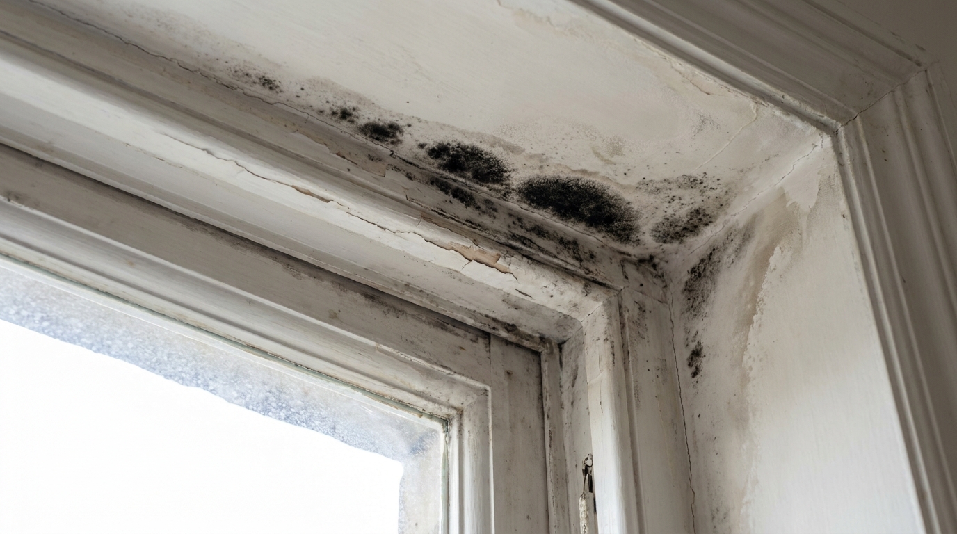 Black mould growing in the corner of a window frame caused by condensation