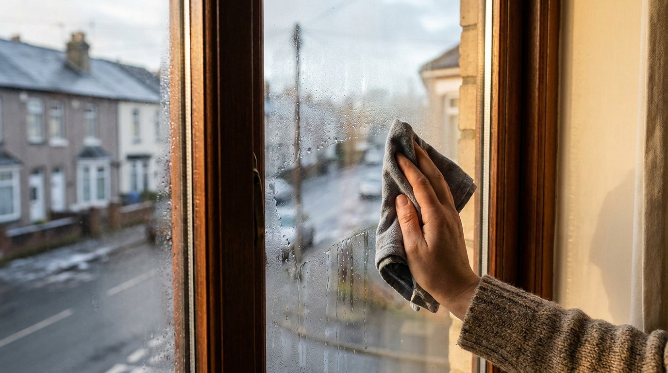 Hand wiping condensation from a window with a cloth in a British home